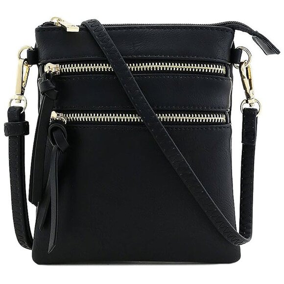 Small Lightweight Shoulder Bag for Women, Mini Multi Zipper Pocket Black - Picture 2 of 7